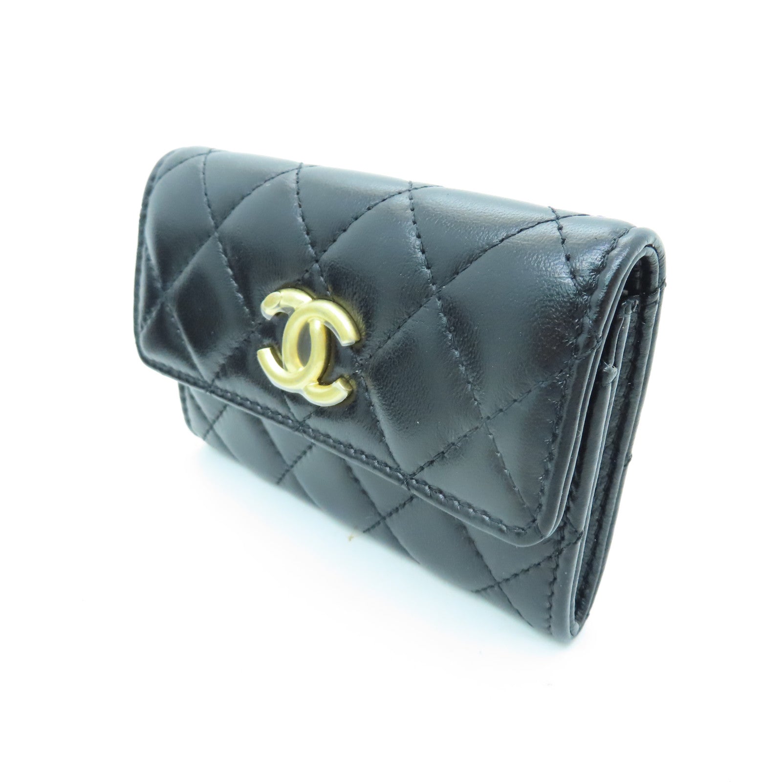 CHANEL 菱格羊皮皮革Card Case金扣卡片套黑色
