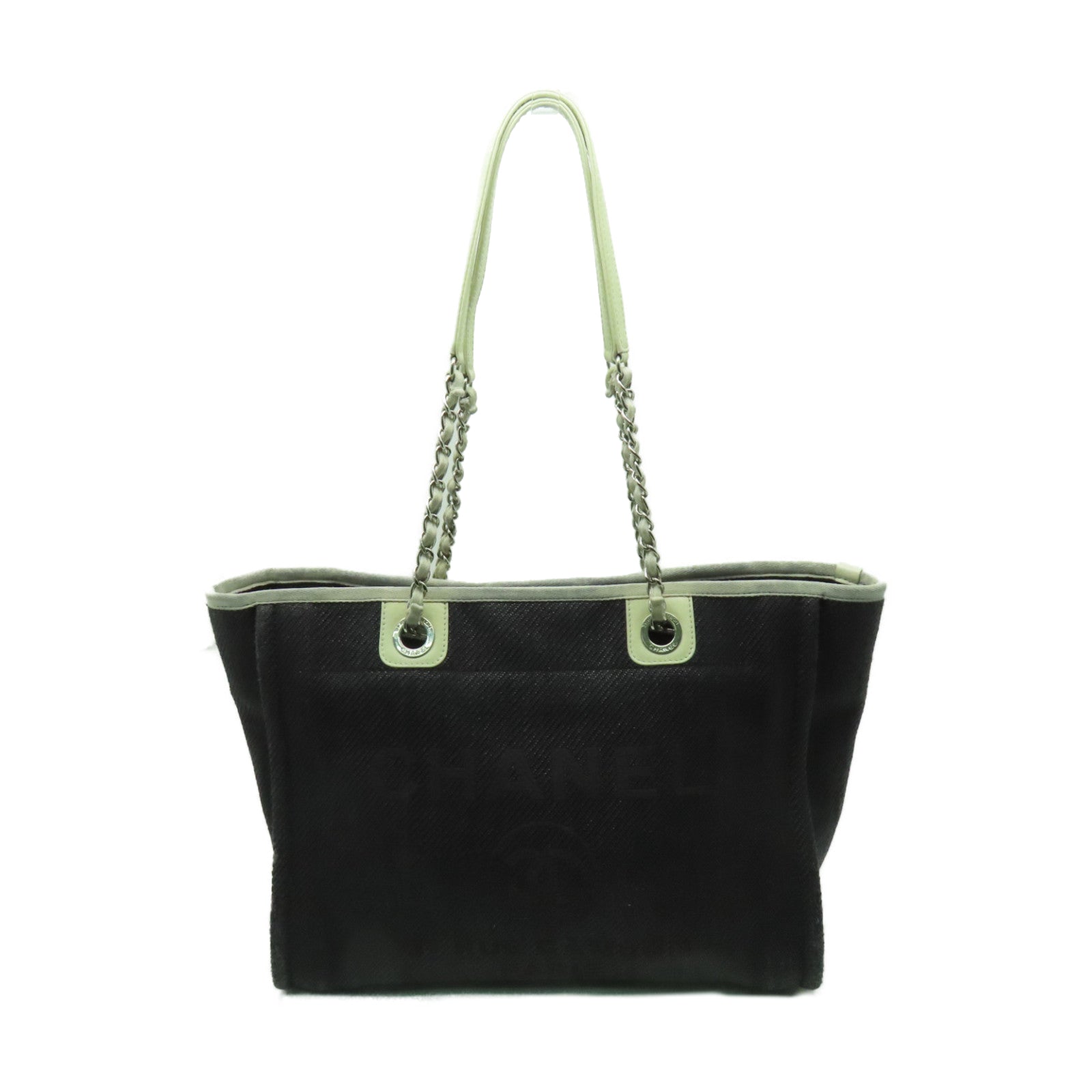 CHANEL 帆布Deauville Chain MM銀扣鏈帶肩背袋黒色