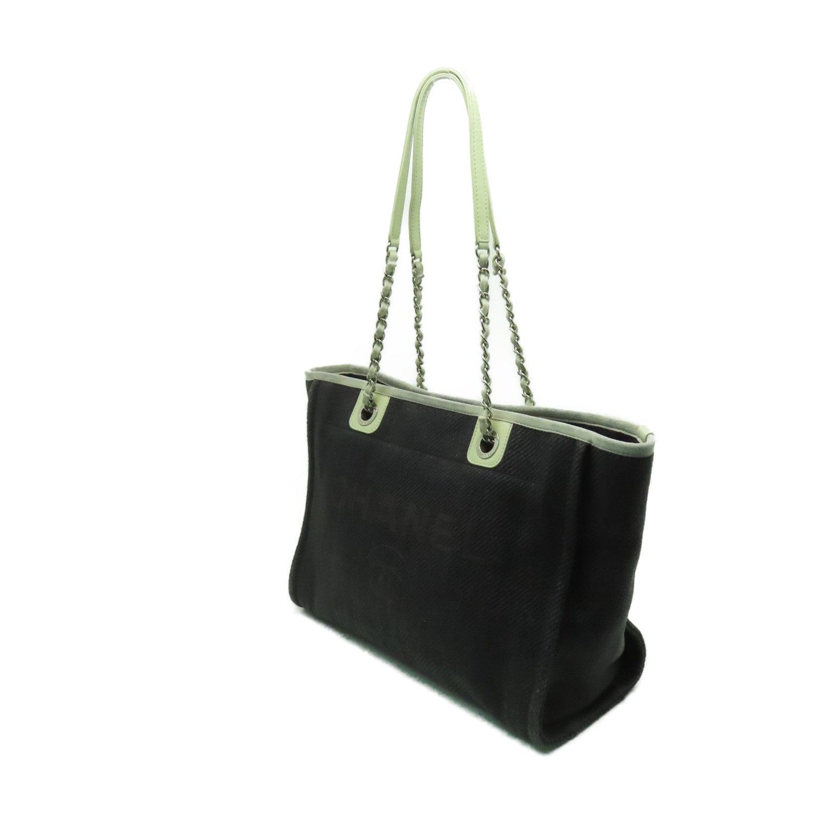CHANEL 帆布Deauville Chain MM銀扣鏈帶肩背袋黒色