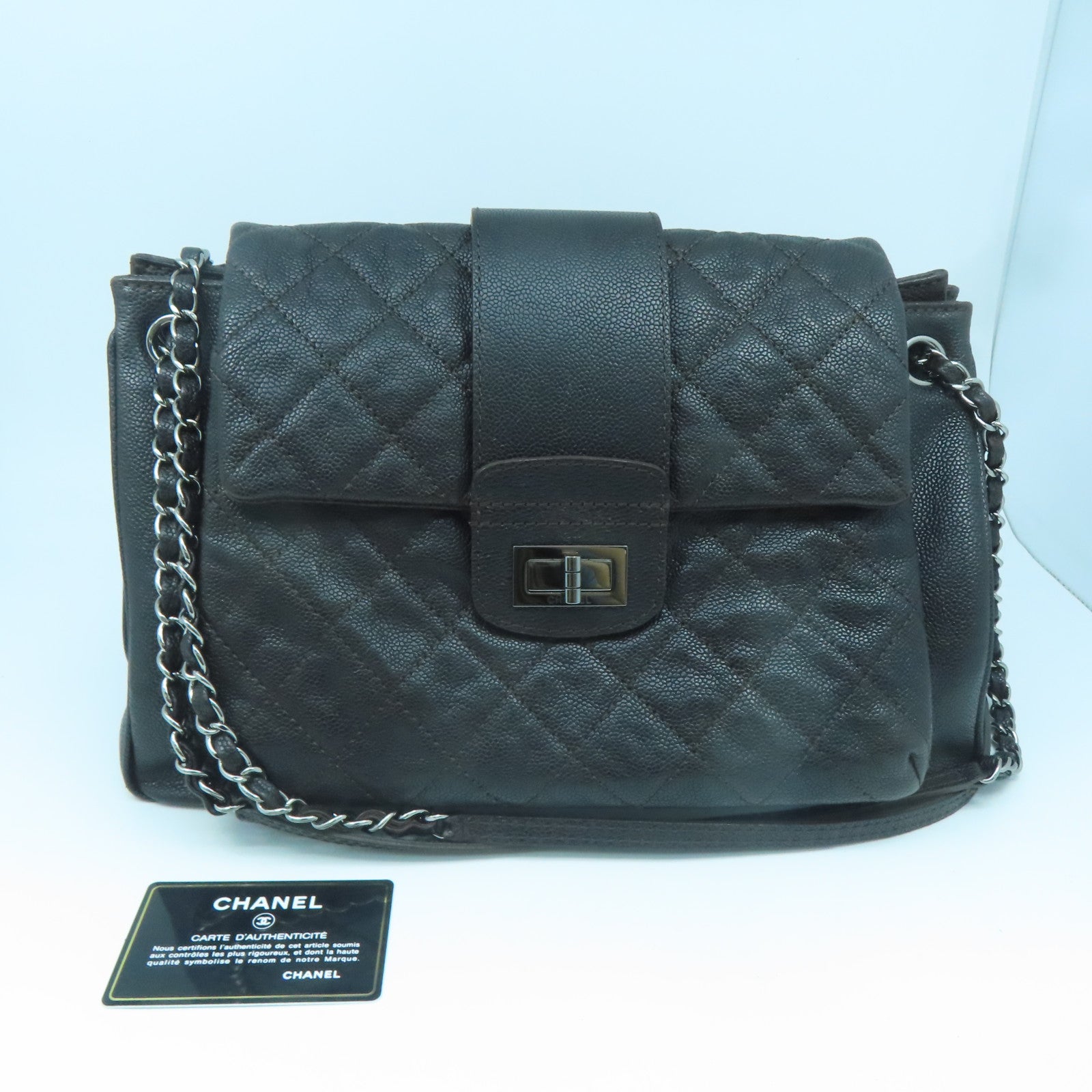 CHANEL Rhombus Caviar Leather 2.55 Silver Buckle Shoulder Bag Dark Brown