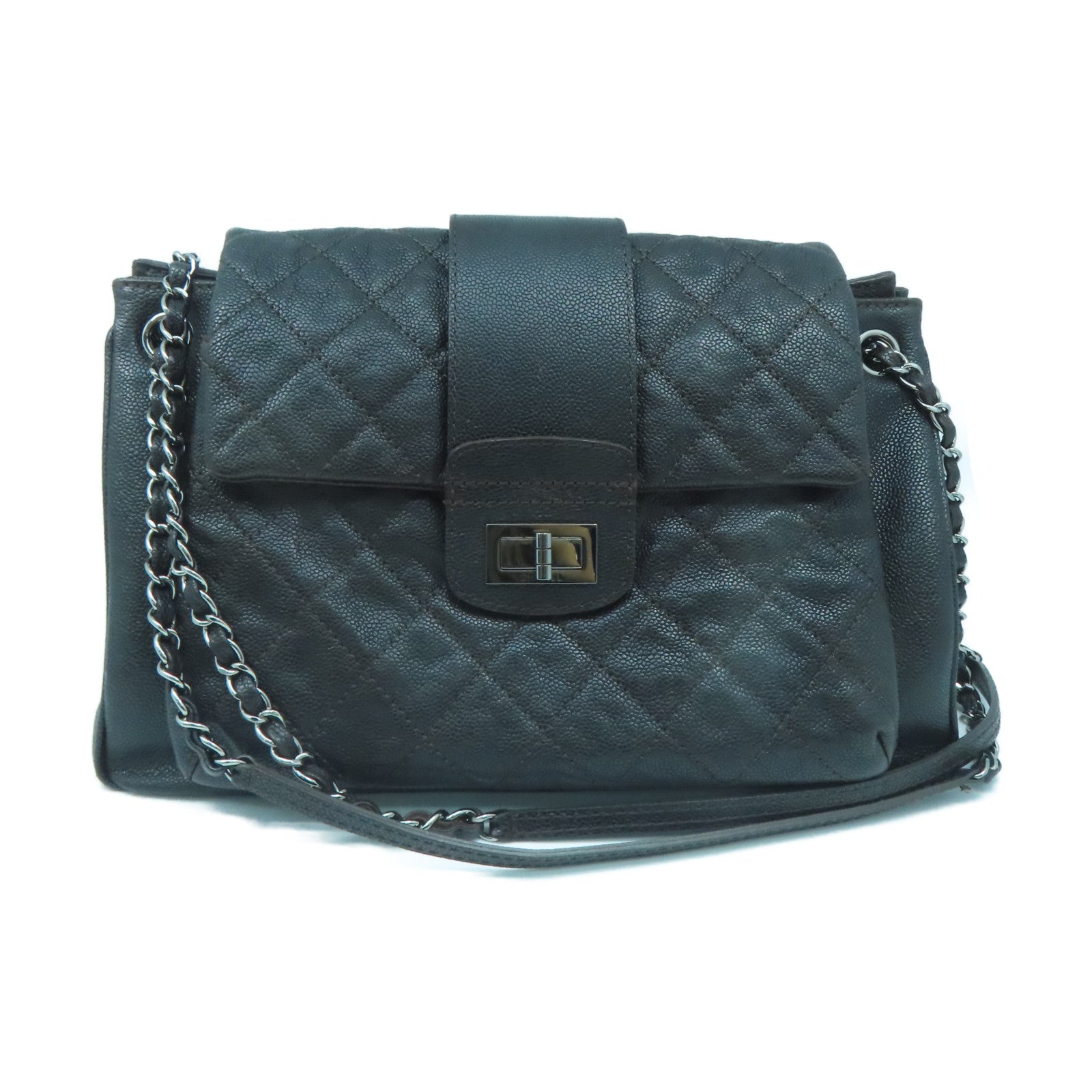 CHANEL Rhombus Caviar Leather 2.55 Silver Buckle Shoulder Bag Dark Brown