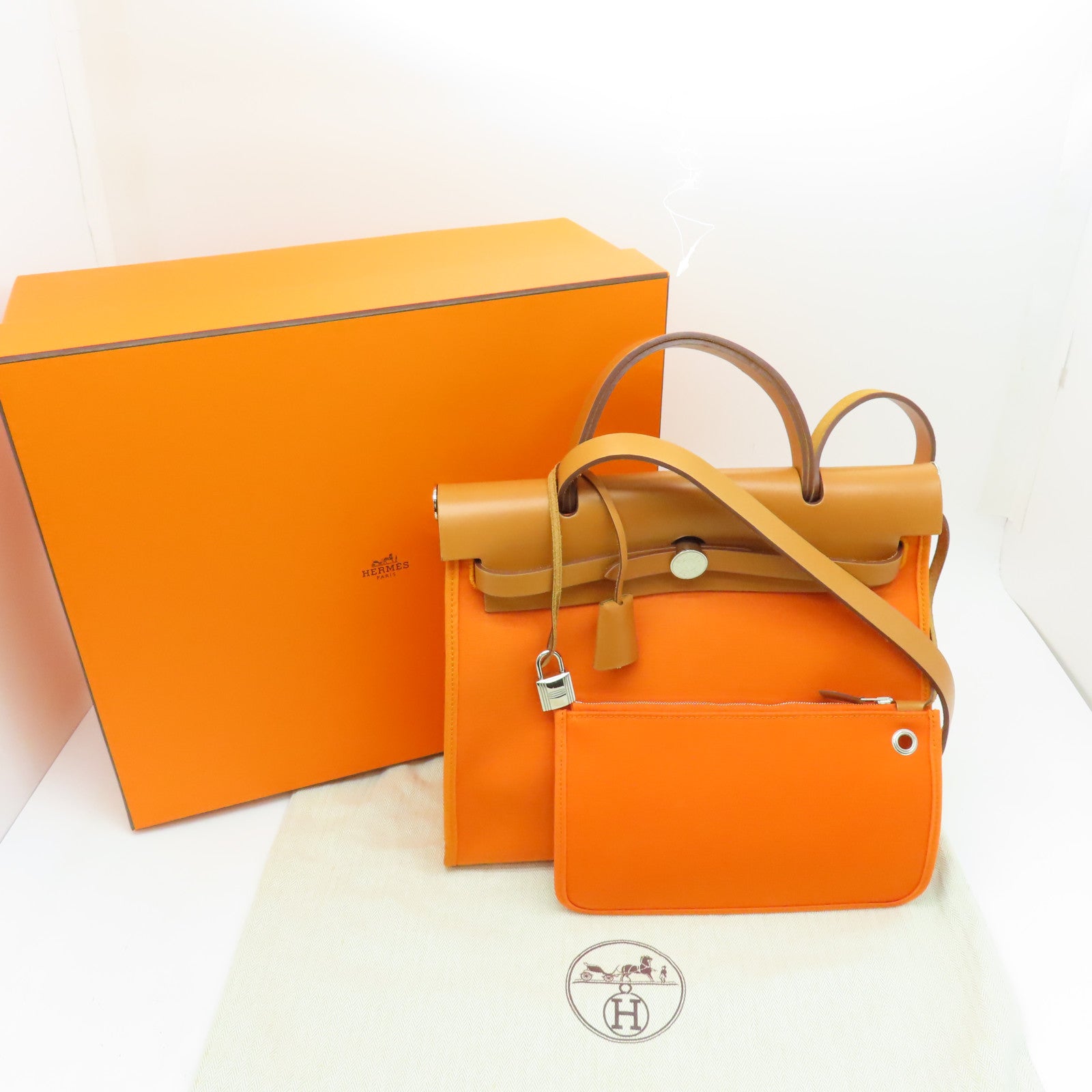 HERMES 帆布Herbag PM银扣手挽肩背两用袋Orange橙色