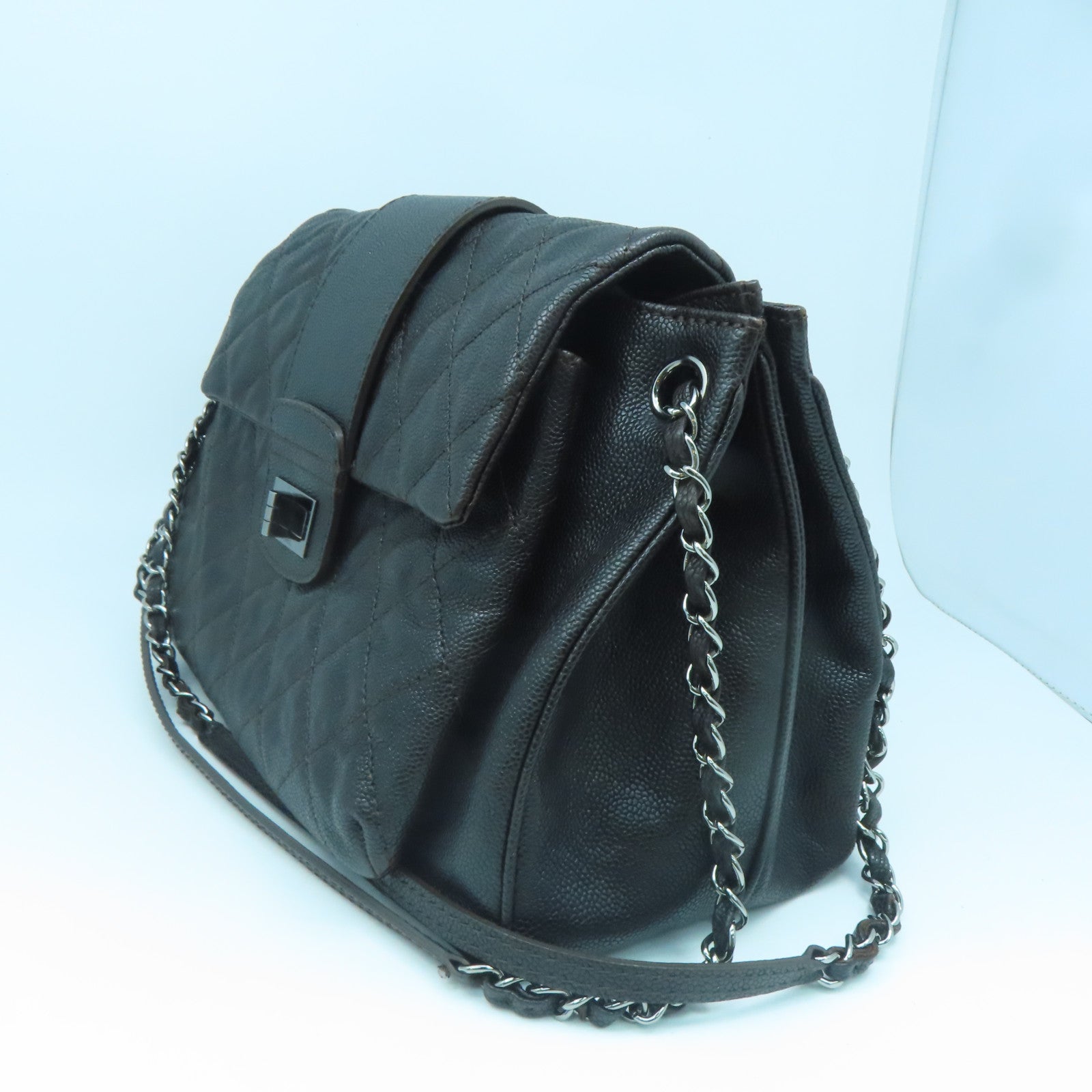 CHANEL Rhombus Caviar Leather 2.55 Silver Buckle Shoulder Bag Dark Brown