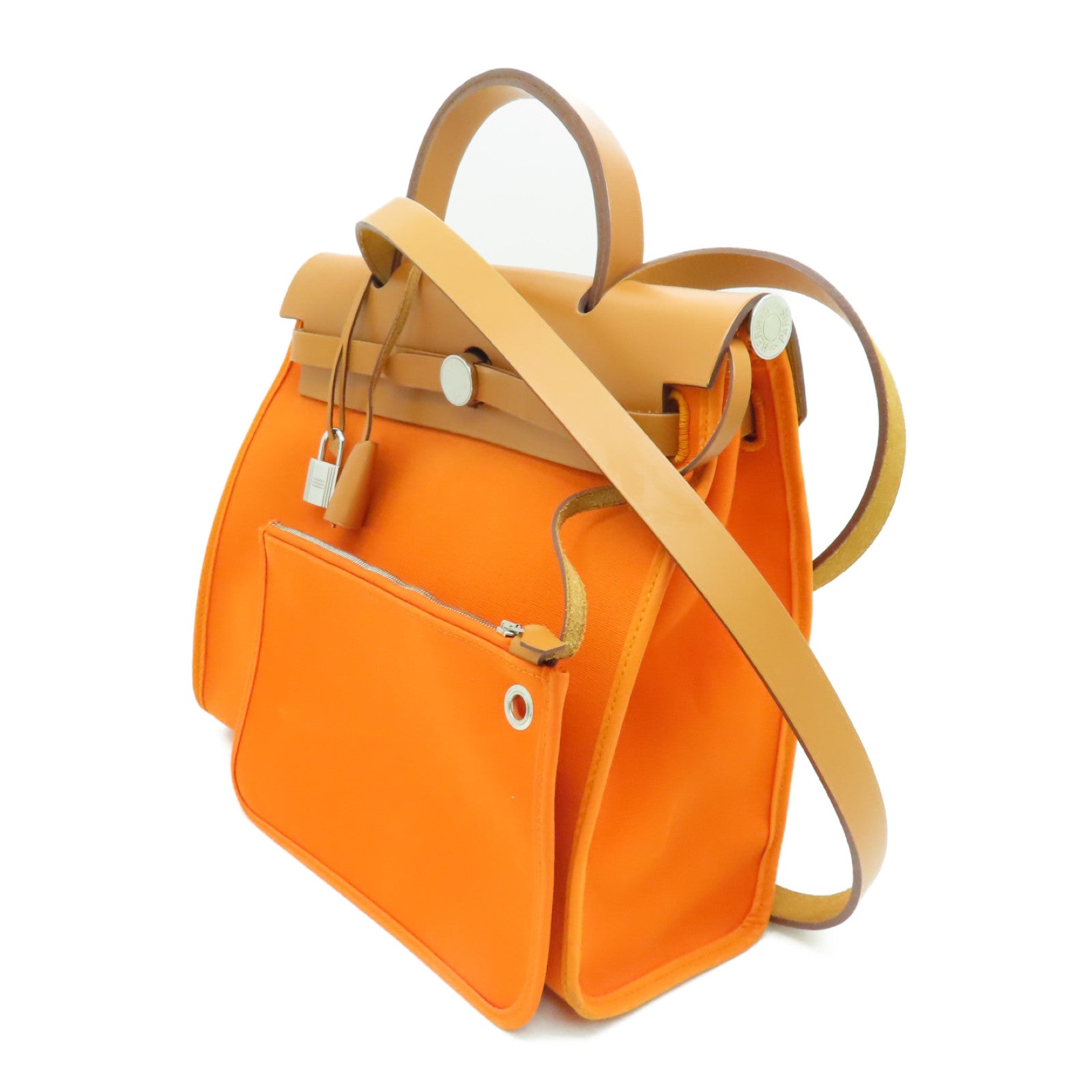 HERMES 帆布Herbag PM银扣手挽肩背两用袋Orange橙色