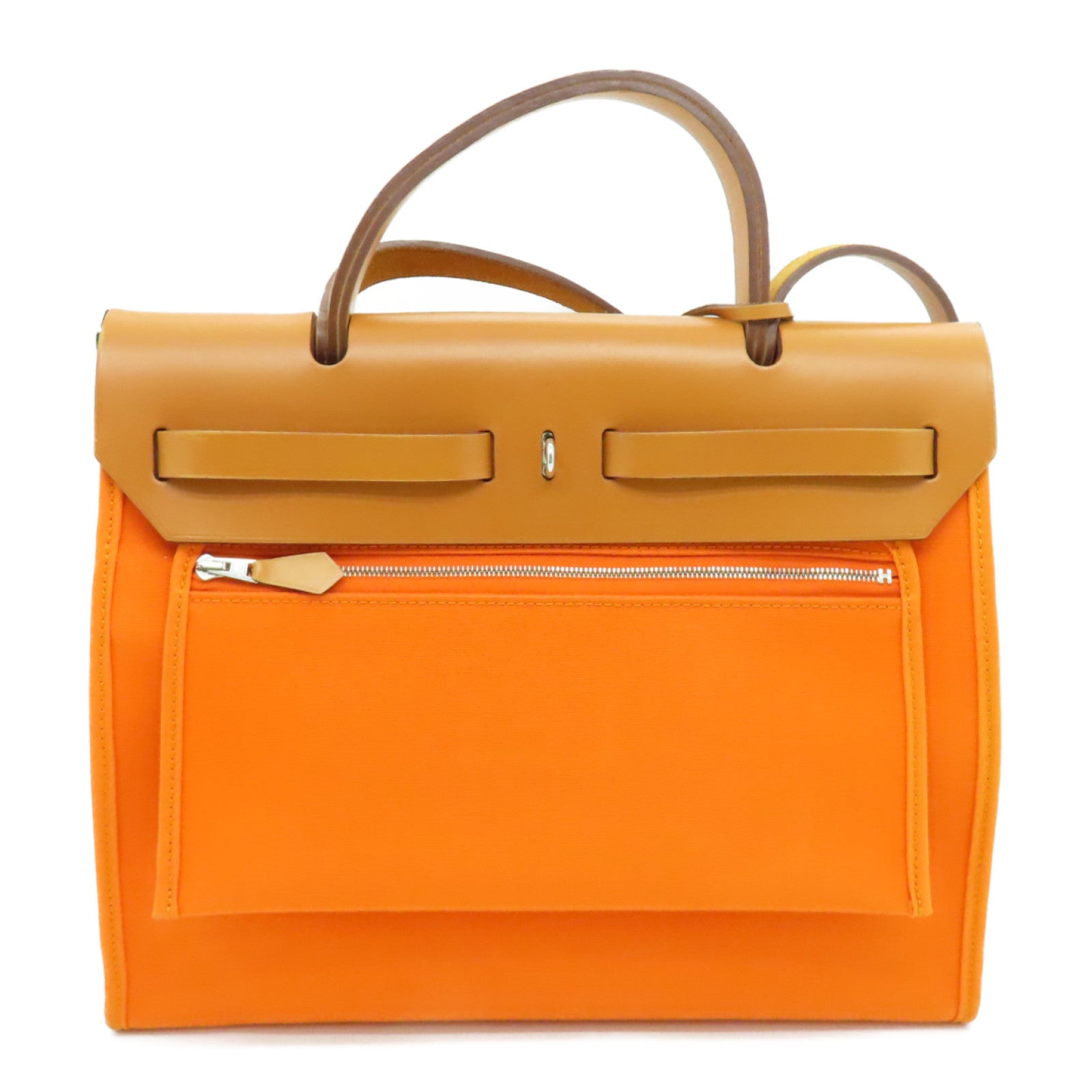 HERMES 帆布Herbag PM银扣手挽肩背两用袋Orange橙色