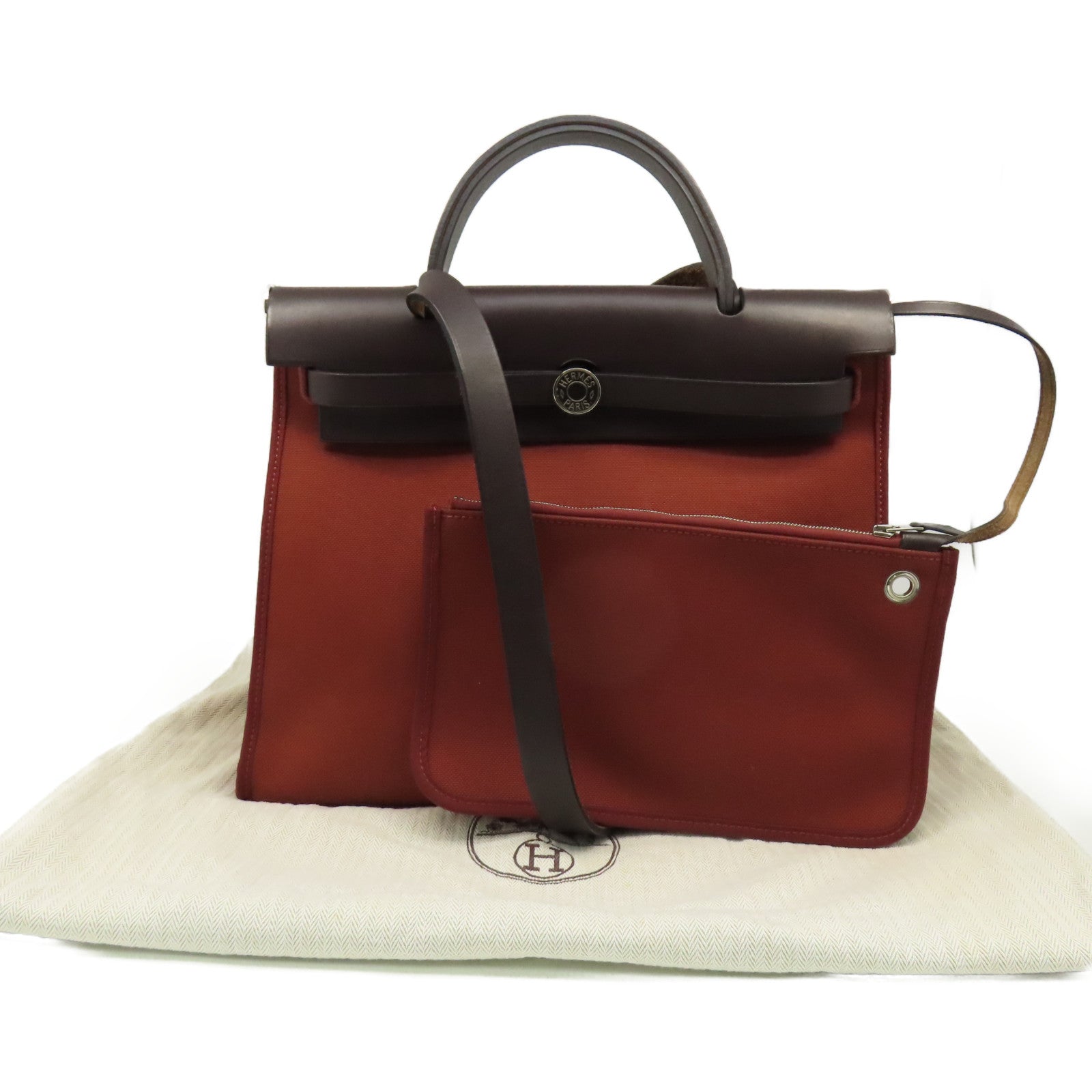 HERMES 帆布Herbag PM 2Way Shoulder Bag銀扣手挽肩背兩用袋Brique磚紅色