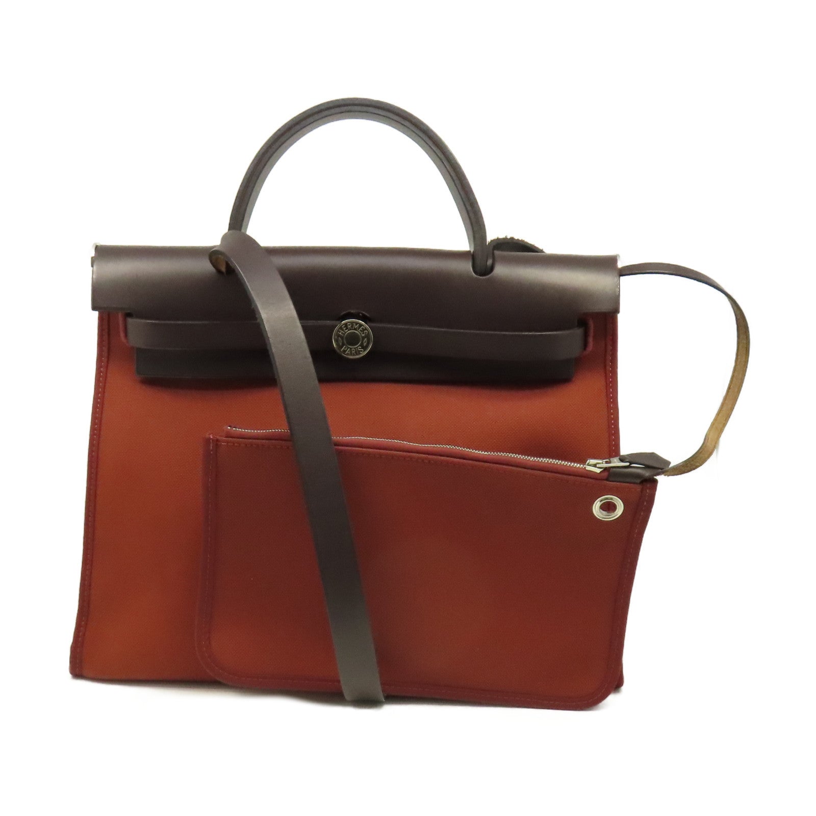 HERMES 帆布Herbag PM 2Way Shoulder Bag銀扣手挽肩背兩用袋Brique磚紅色