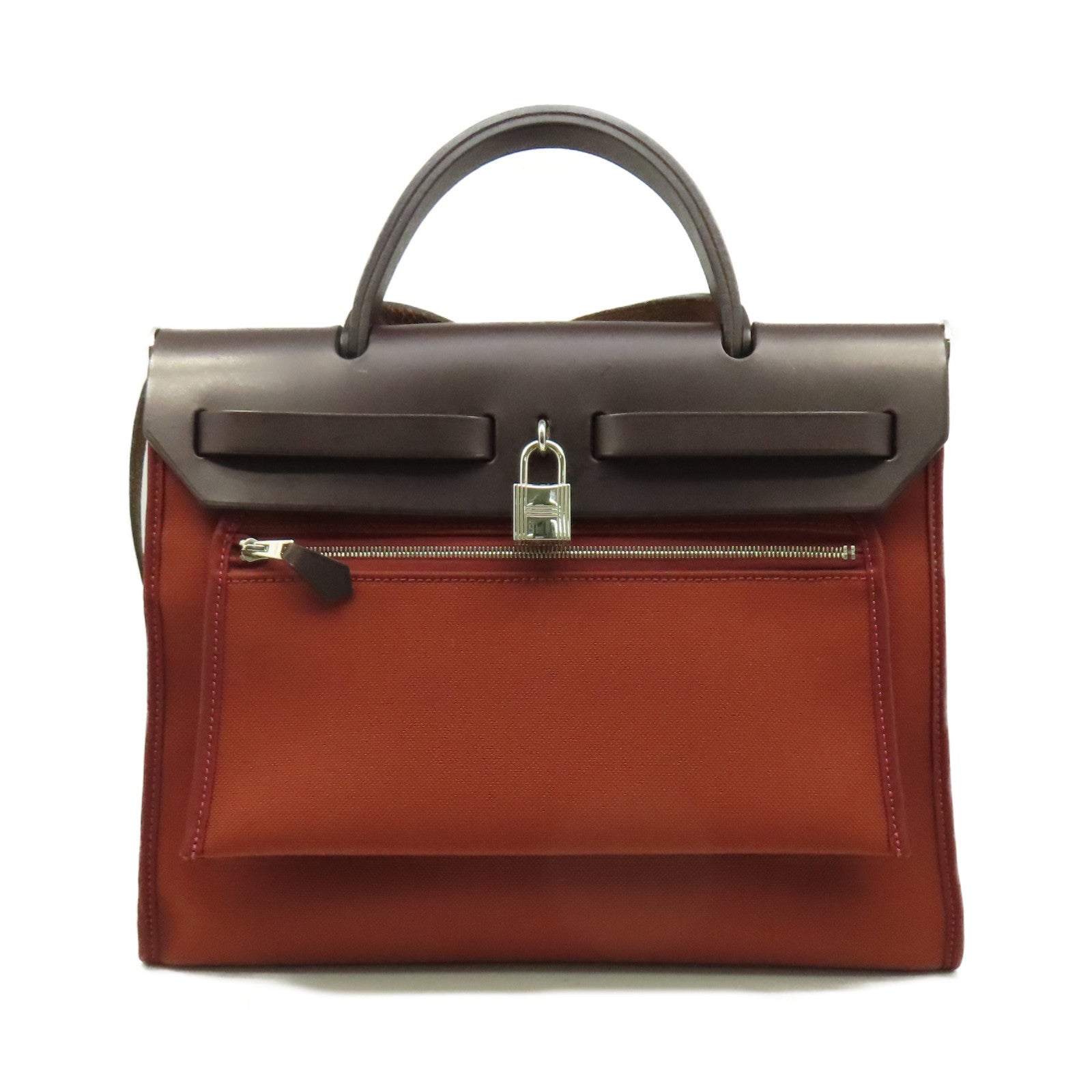 HERMES 帆布Herbag PM 2Way Shoulder Bag銀扣手挽肩背兩用袋Brique磚紅色