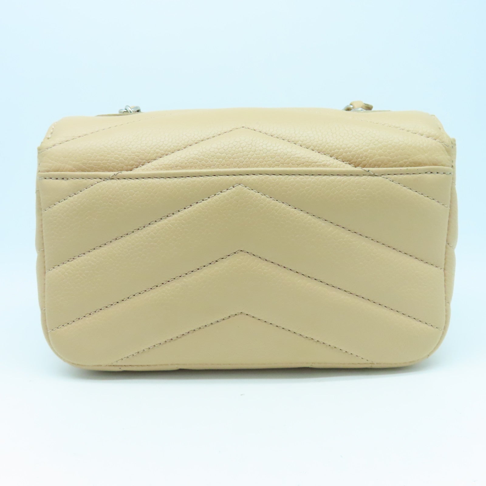 CHANEL 【激減優惠】斜紋牛皮皮革Chain Shoulder Bag銀扣鏈帶肩背袋米色