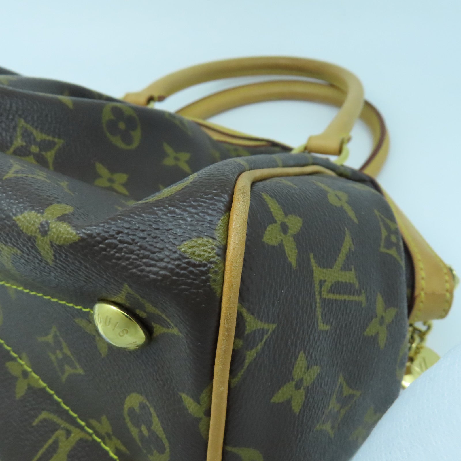 LOUIS VUITTON Monogram Tivoli PM Gold Buckle Handle Bag Brown