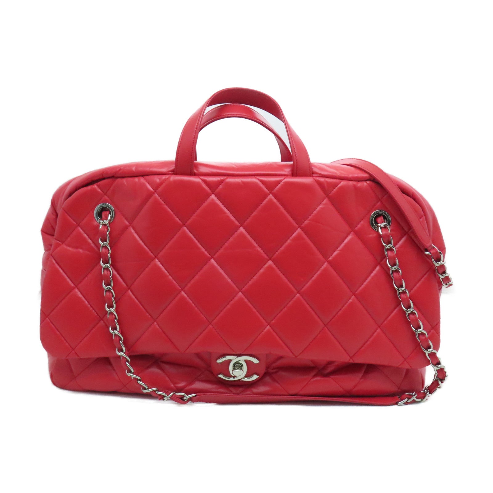 CHANEL 【激減優惠】菱格牛皮皮革Shoulder Bag銀扣手挽肩背兩用袋紅色