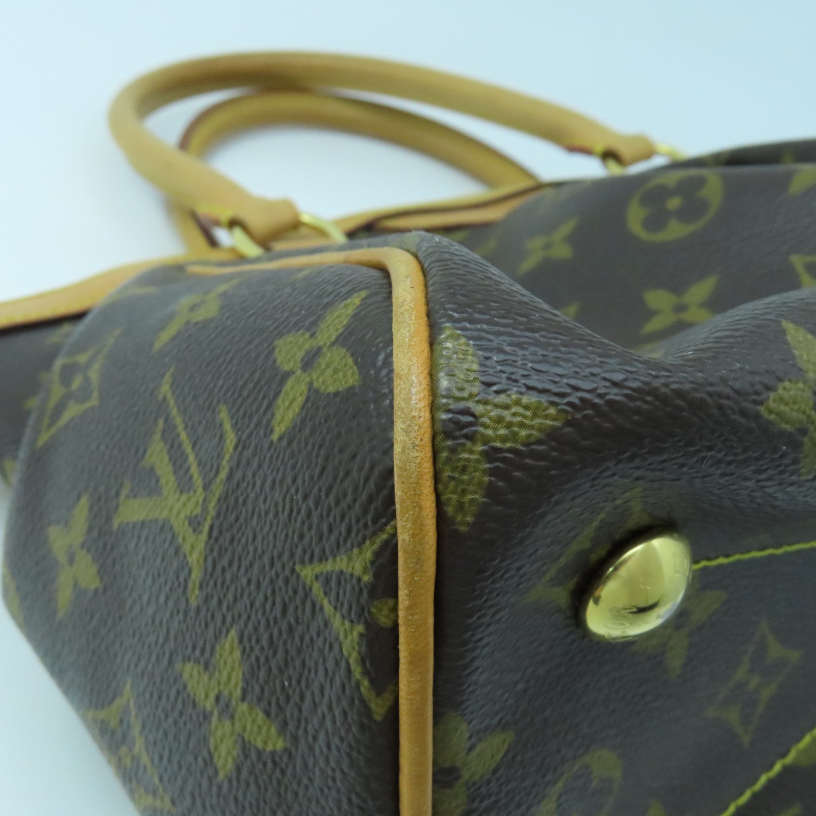 LOUIS VUITTON Monogram Tivoli PM Gold Buckle Handle Bag Brown