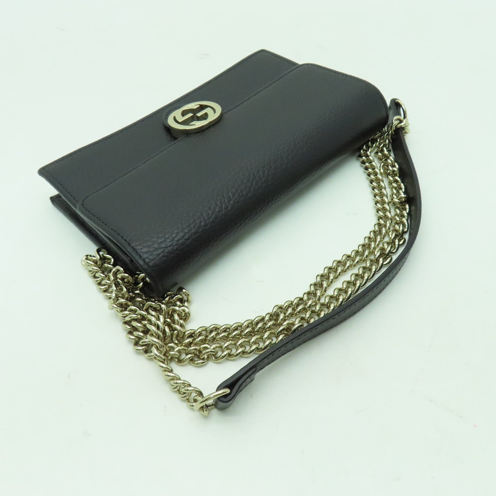 GUCCI 牛皮皮革Icon GG Interlocking銀扣鏈帶肩背袋黑色