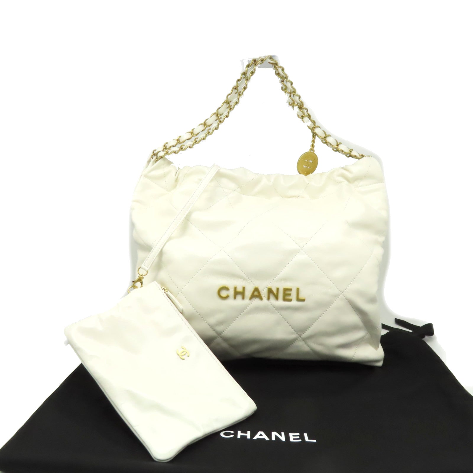 CHANEL 菱格牛皮皮革Chanel 22Shoulder Bag金扣鏈帶肩背袋米白色