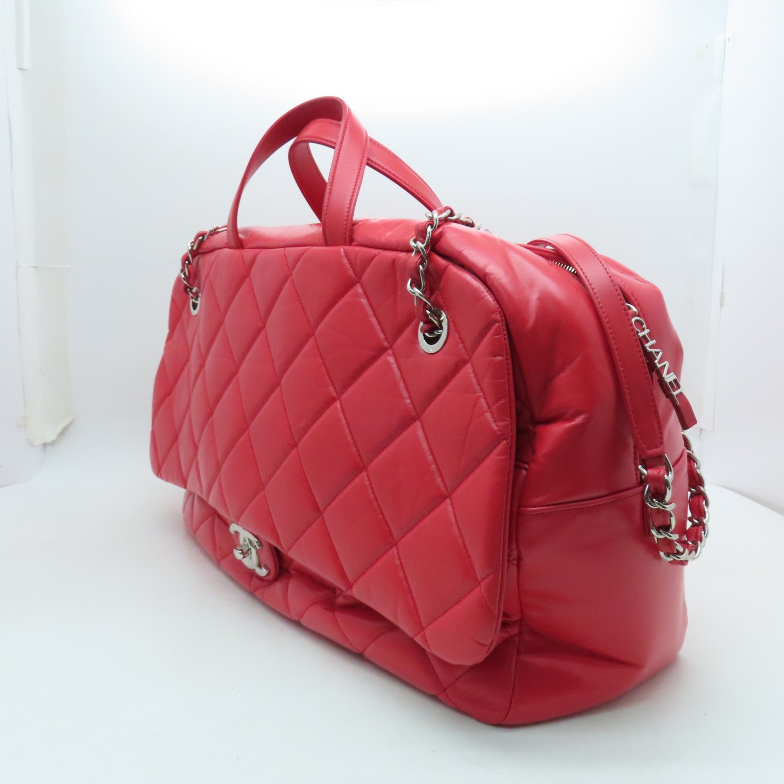 CHANEL 【激減優惠】菱格牛皮皮革Shoulder Bag銀扣手挽肩背兩用袋紅色