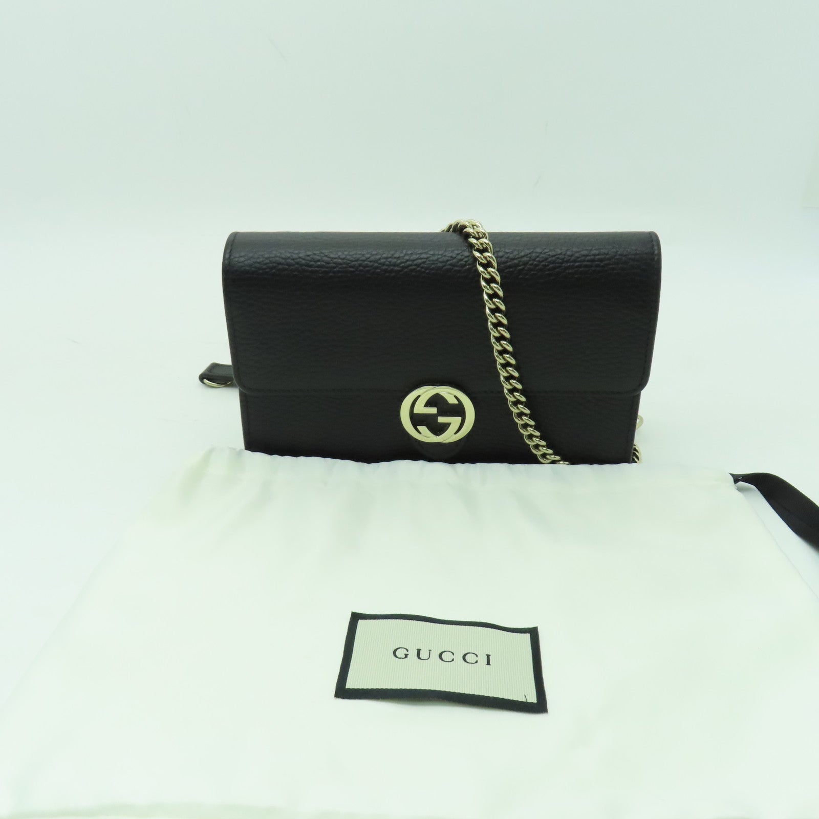 GUCCI 牛皮皮革Icon GG Interlocking銀扣鏈帶肩背袋黑色