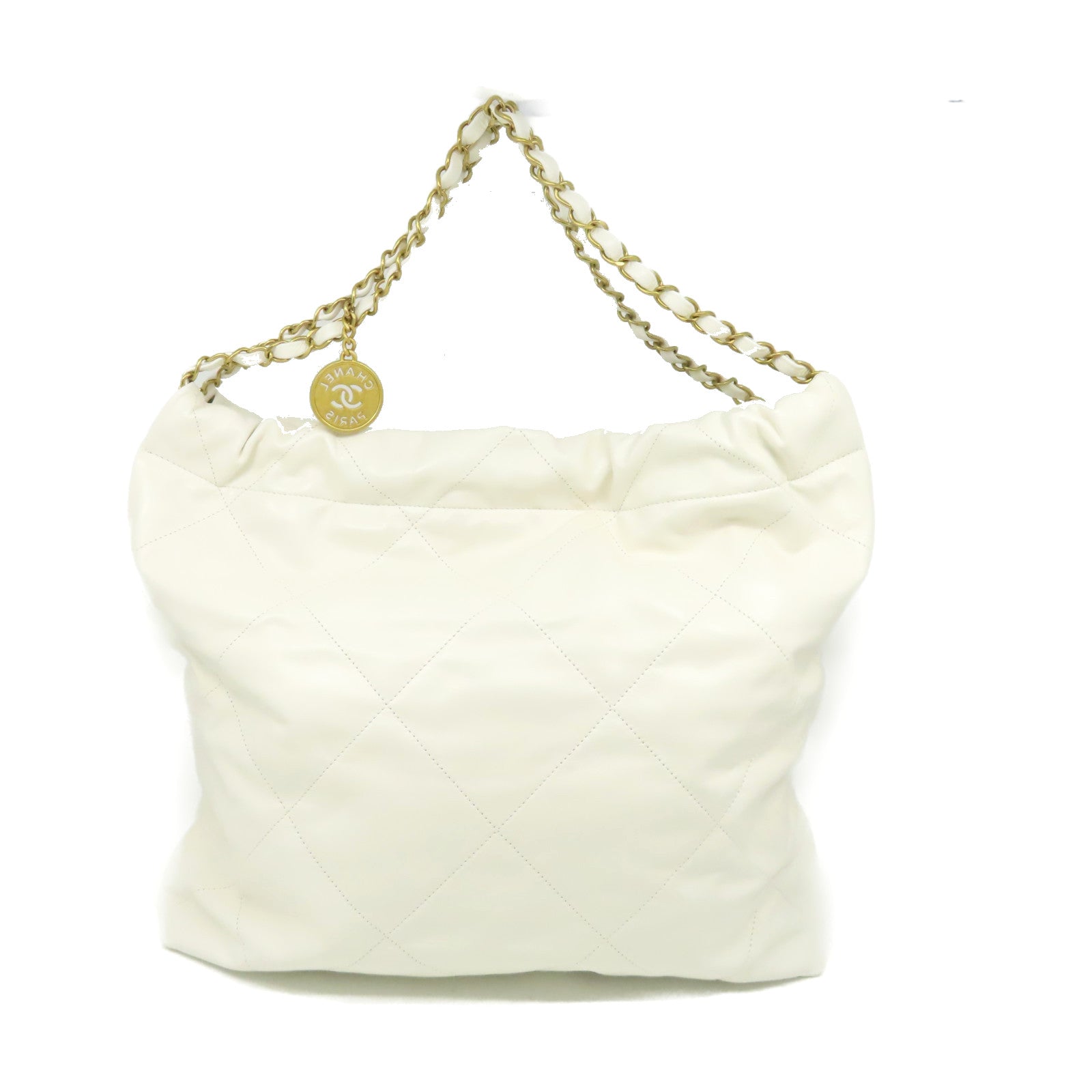 CHANEL 菱格牛皮皮革Chanel 22Shoulder Bag金扣鏈帶肩背袋米白色