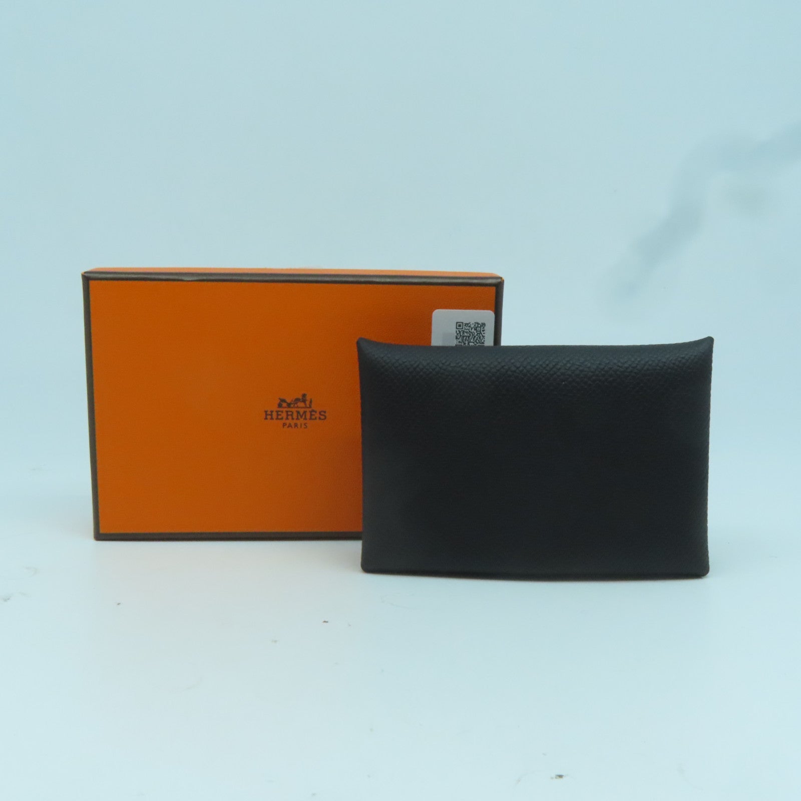 HERMES Epsom皮革Calvi銀扣卡片套Noir黑色