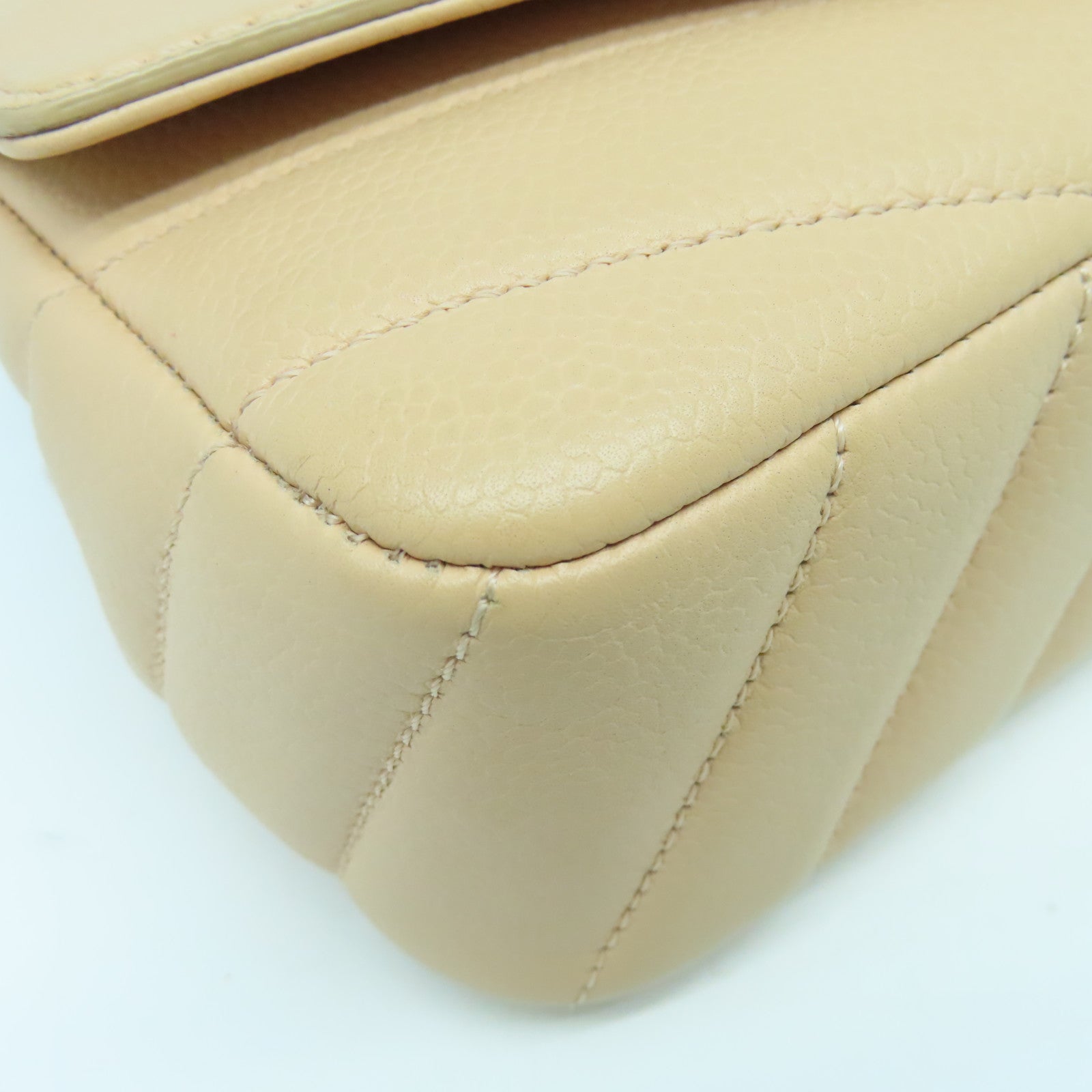 CHANEL 【激減優惠】斜紋牛皮皮革Chain Shoulder Bag銀扣鏈帶肩背袋米色