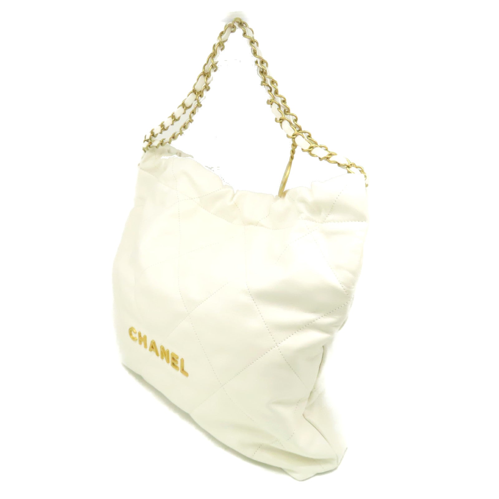CHANEL 菱格牛皮皮革Chanel 22Shoulder Bag金扣鏈帶肩背袋米白色