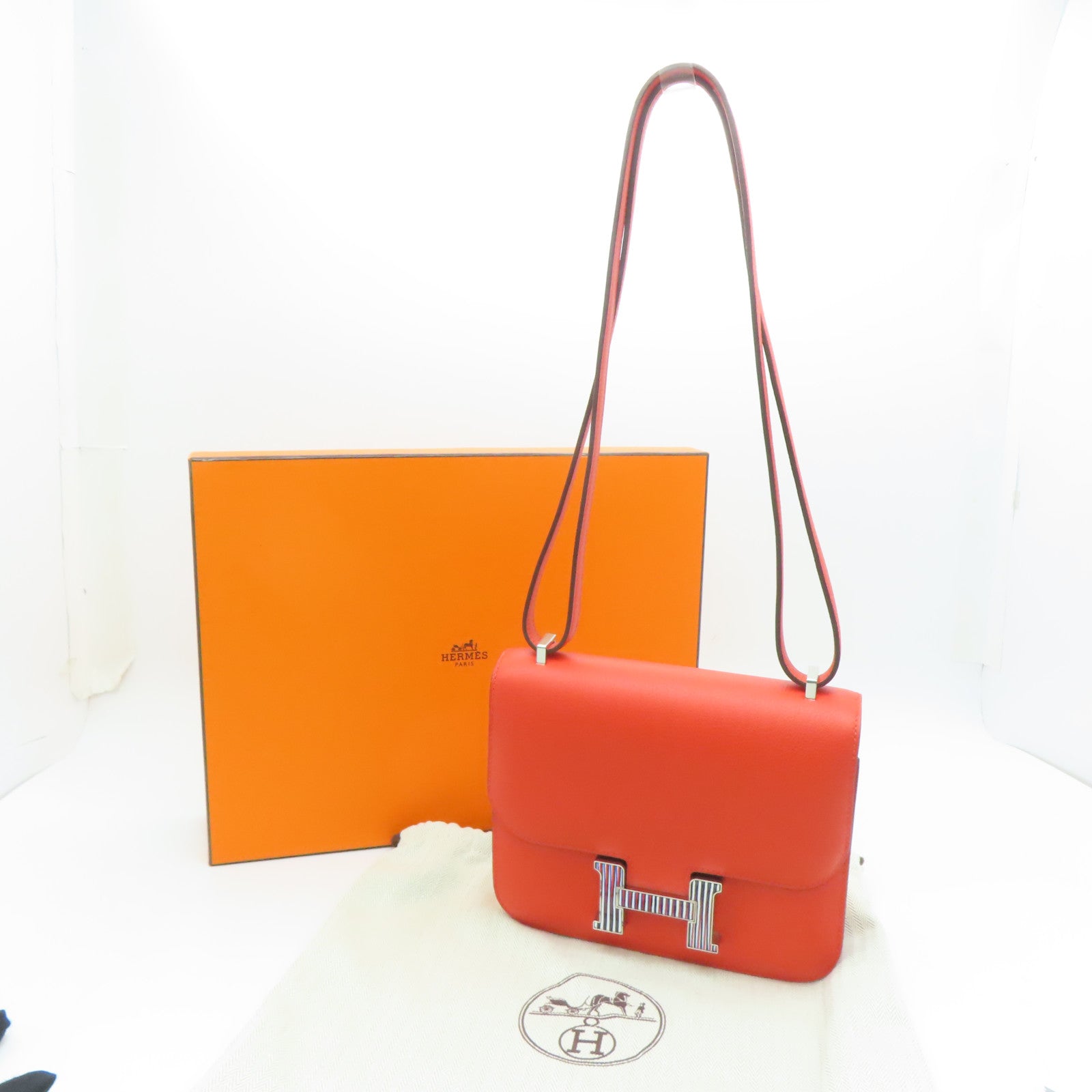 HERMES Evercolor Leather Constance Mini Silver Buckle Shoulder Bag Capucine Orange