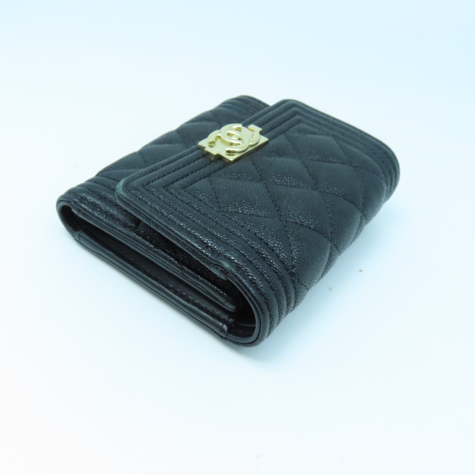 CHANEL 菱格牛皮皮革Boy Wallet金扣錢包黑色