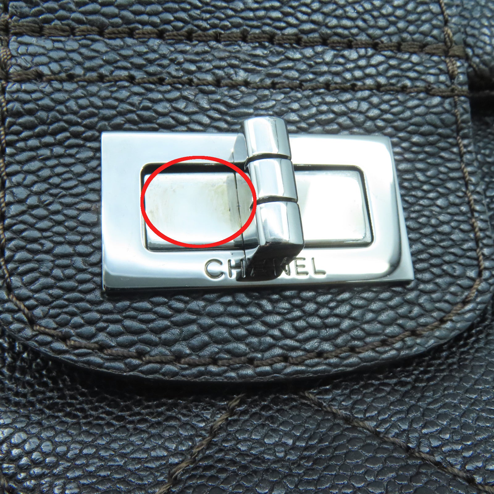 CHANEL Rhombus Caviar Leather 2.55 Silver Buckle Shoulder Bag Dark Brown
