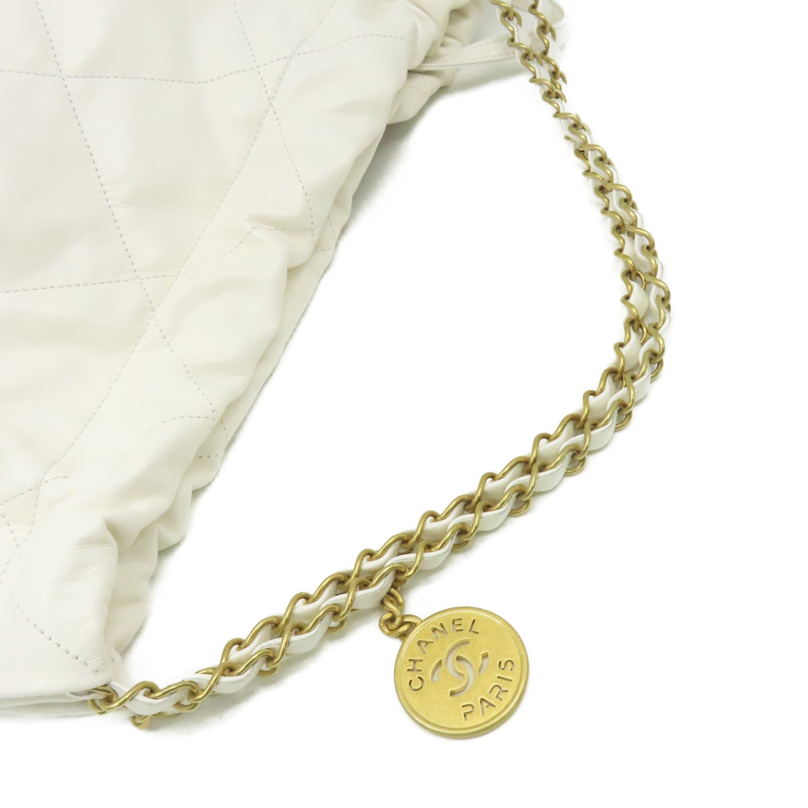CHANEL 菱格牛皮皮革Chanel 22Shoulder Bag金扣鏈帶肩背袋米白色