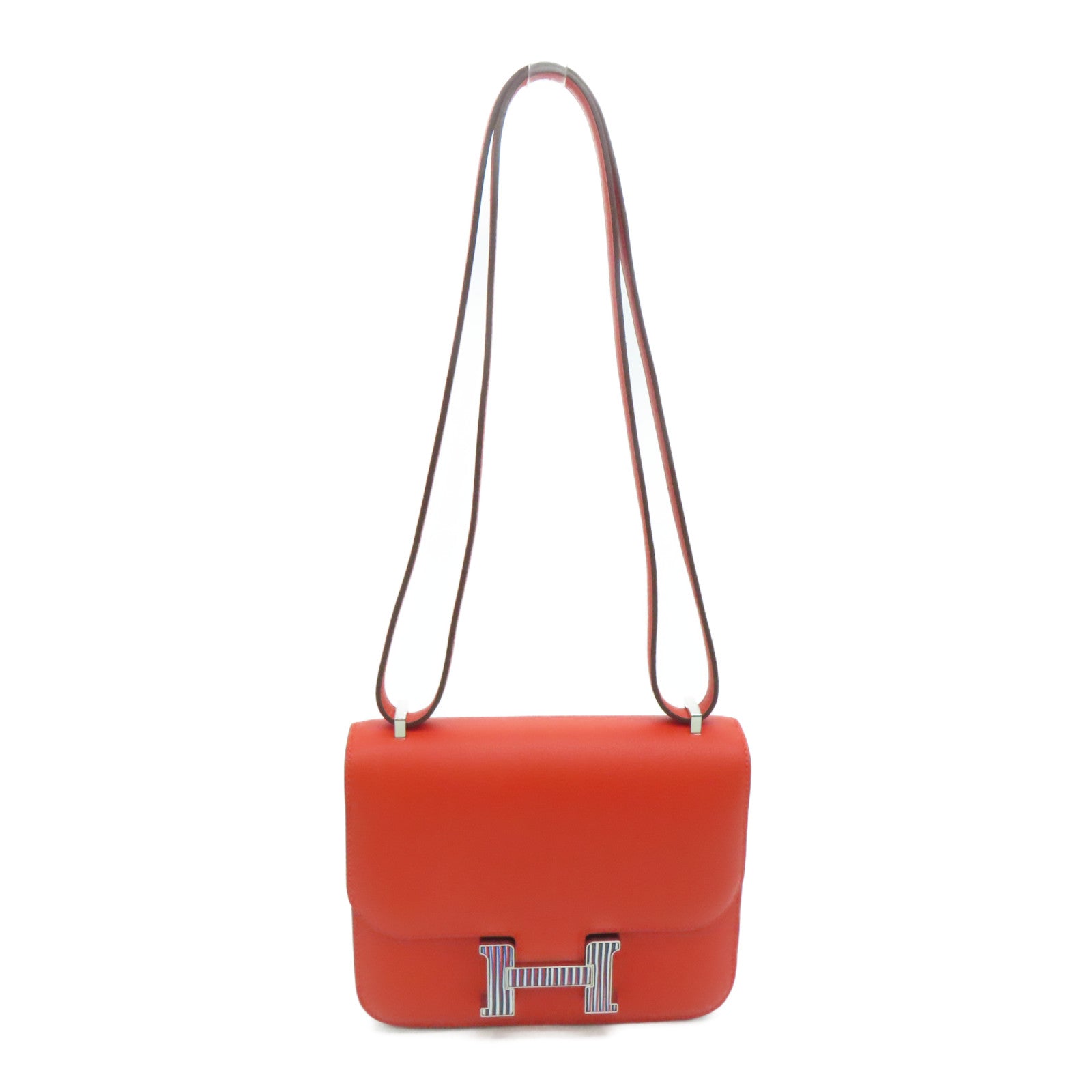 HERMES Evercolor Leather Constance Mini Silver Buckle Shoulder Bag Capucine Orange