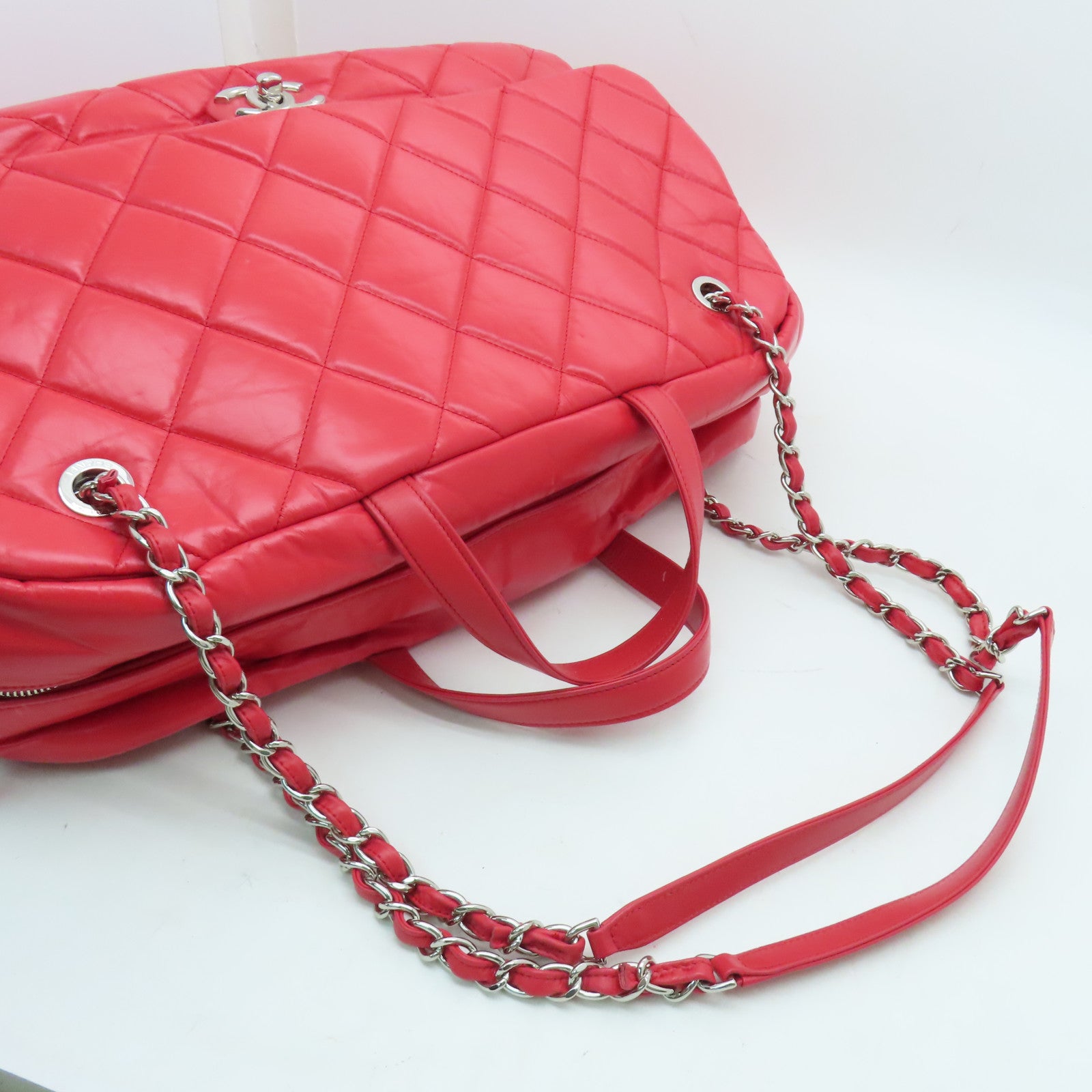 CHANEL 【激減優惠】菱格牛皮皮革Shoulder Bag銀扣手挽肩背兩用袋紅色
