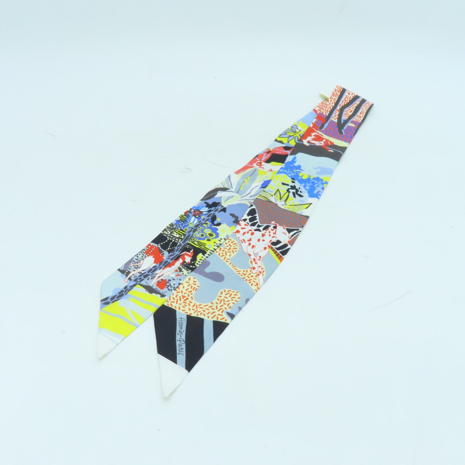 HERMES 絲質Twilly絲巾黑色/黃色/彩色