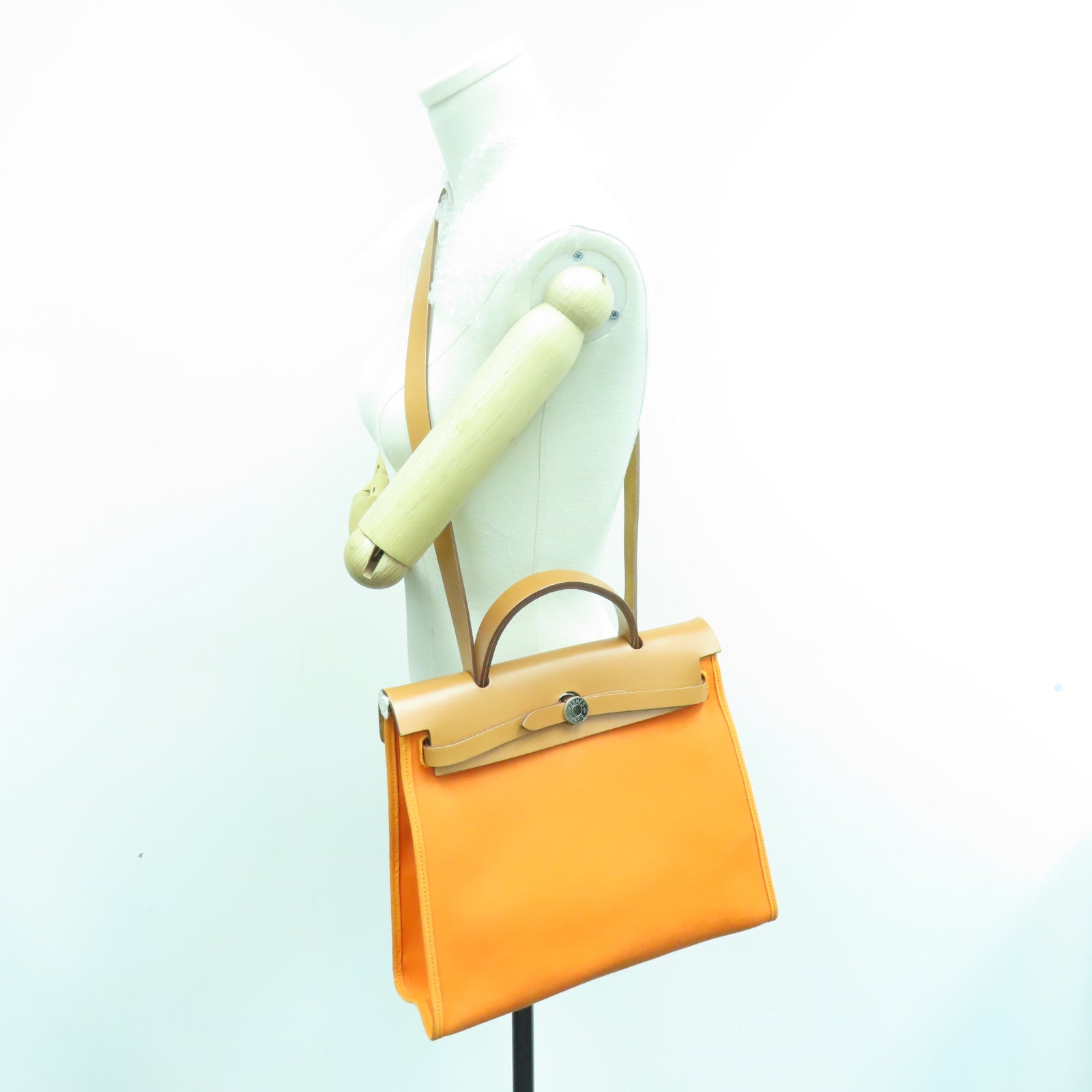 HERMES 帆布Herbag PM银扣手挽肩背两用袋Orange橙色