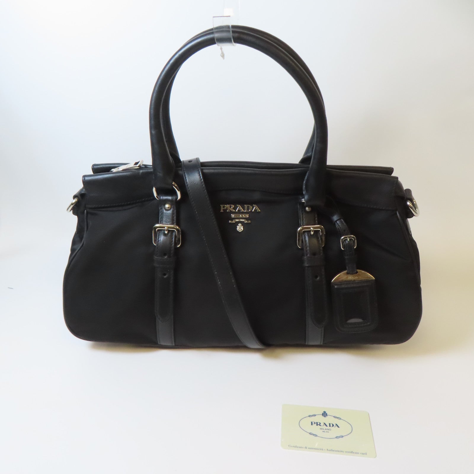 PRADA 尼龍2 Way Shoulder銀扣手挽肩背兩用袋黑色
