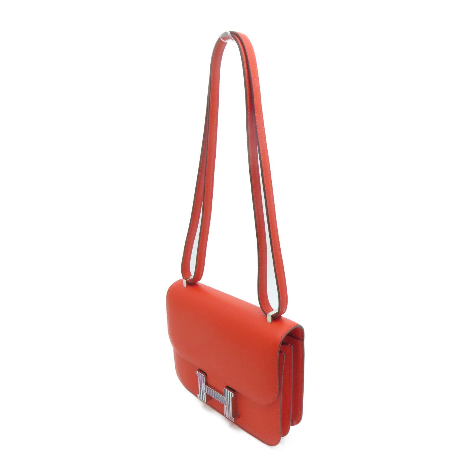 HERMES Evercolor Leather Constance Mini Silver Buckle Shoulder Bag Capucine Orange