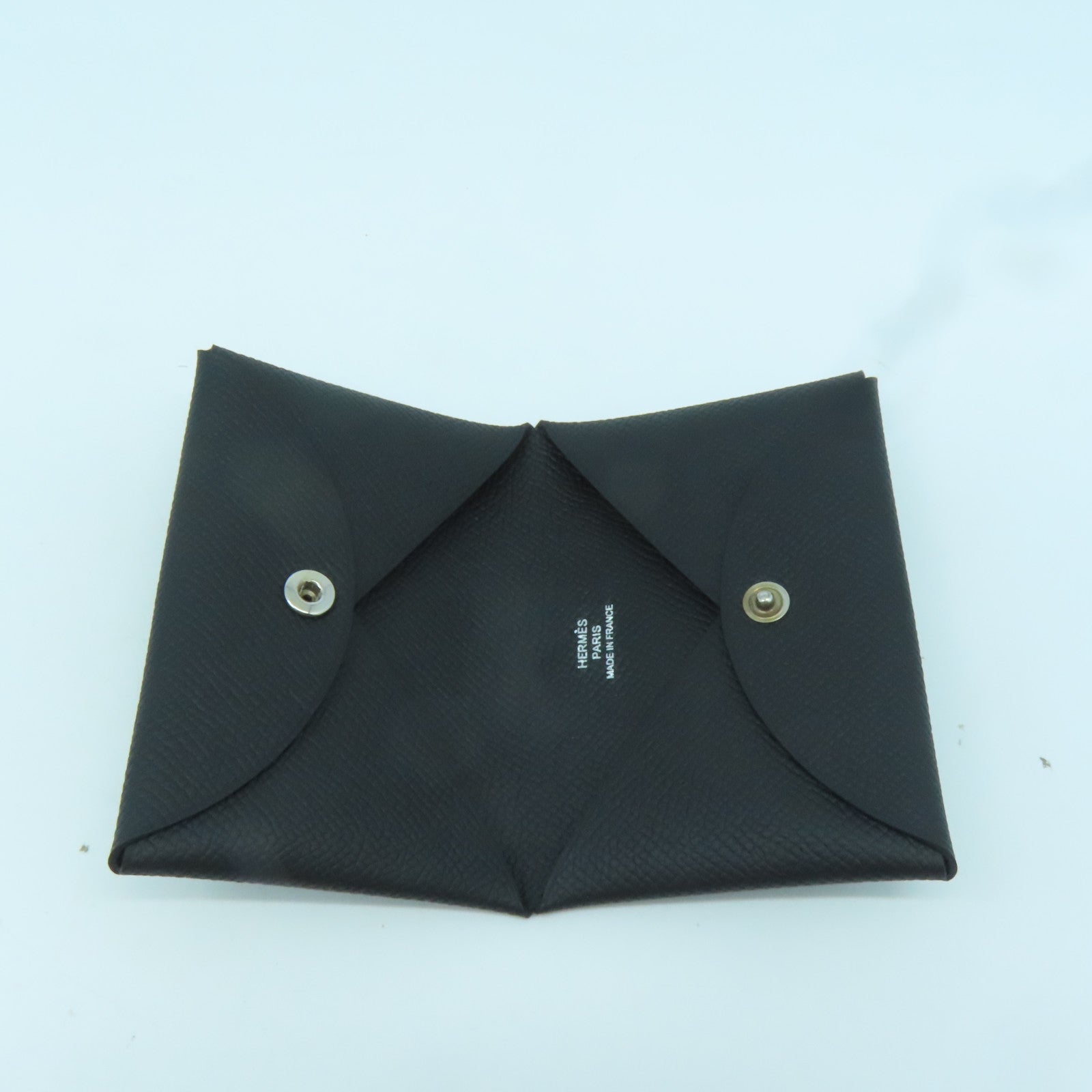 HERMES Epsom皮革Calvi銀扣卡片套Noir黑色
