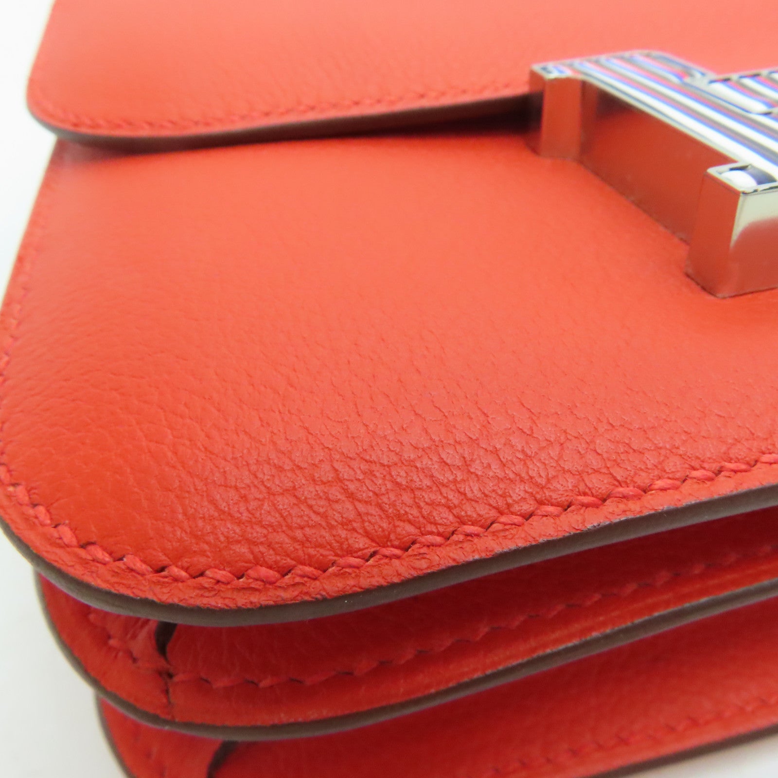 HERMES Evercolor Leather Constance Mini Silver Buckle Shoulder Bag Capucine Orange