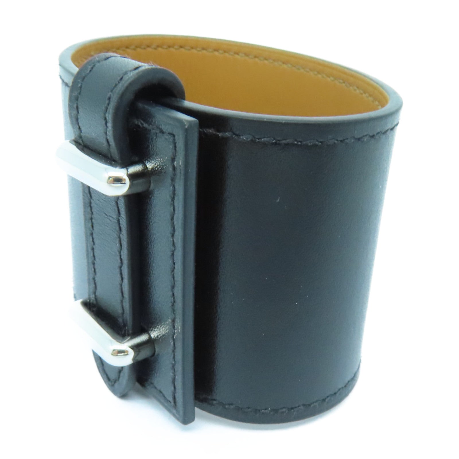 HERMES Box Calf皮革Cuir Izy Bracele银扣手链黑色